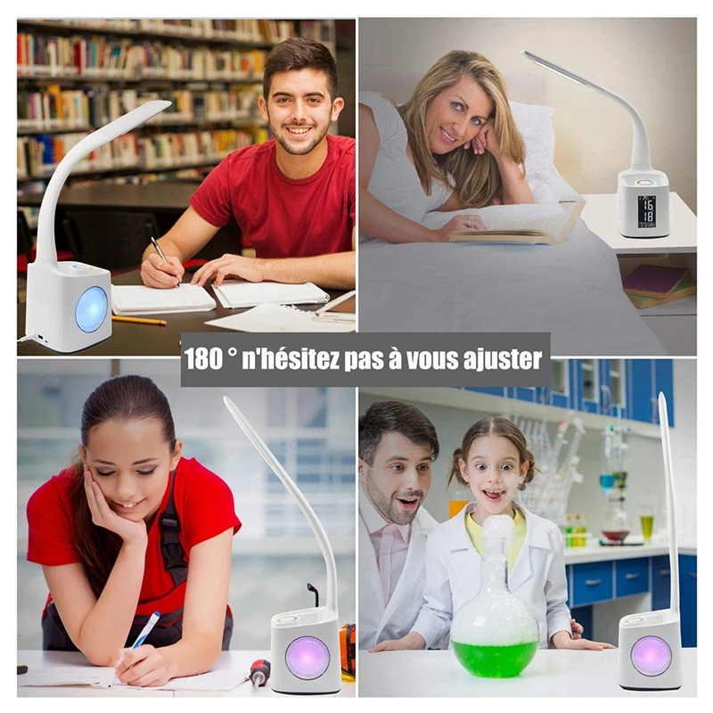 LED Desk Lamp Contact Control Eye Protection Table Lamp, Screen and Coloured Night Light with Pen Holder and Alarm Clock