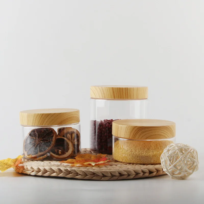 food containers 150ml PET wide mouth food sealed plastic jar with wood screw cap