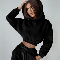 Толстовка с капюшоном, на заказ, с вырезом на плечах, с эластичным подолом и кулиской, спортивные штаны, спортивные костюмы, кроп-топы для тренажерного зала, Женский комплект с принтом логотипа