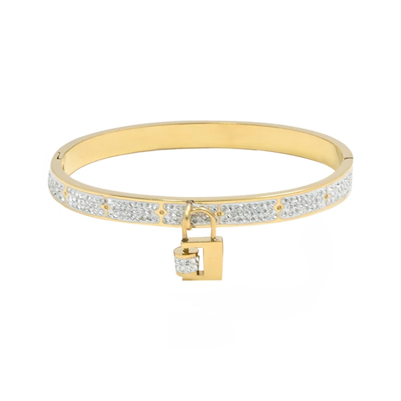 High Quality Gold Plated Jewelry Diamond Hanging Small Lock Heart shaped Accessories Stainless Steel Bracelet Women Bangle