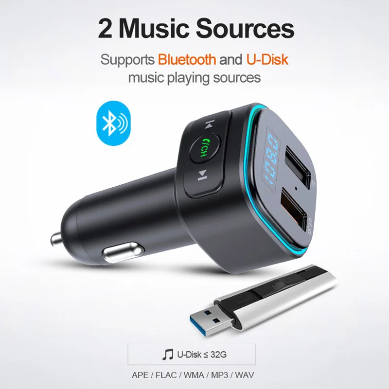 Dual USB Qc3.0 Quick Charge With Ambient Ring Light Handsfree BTCar Kit Fm Radio Transmitter Car Mp3 Player