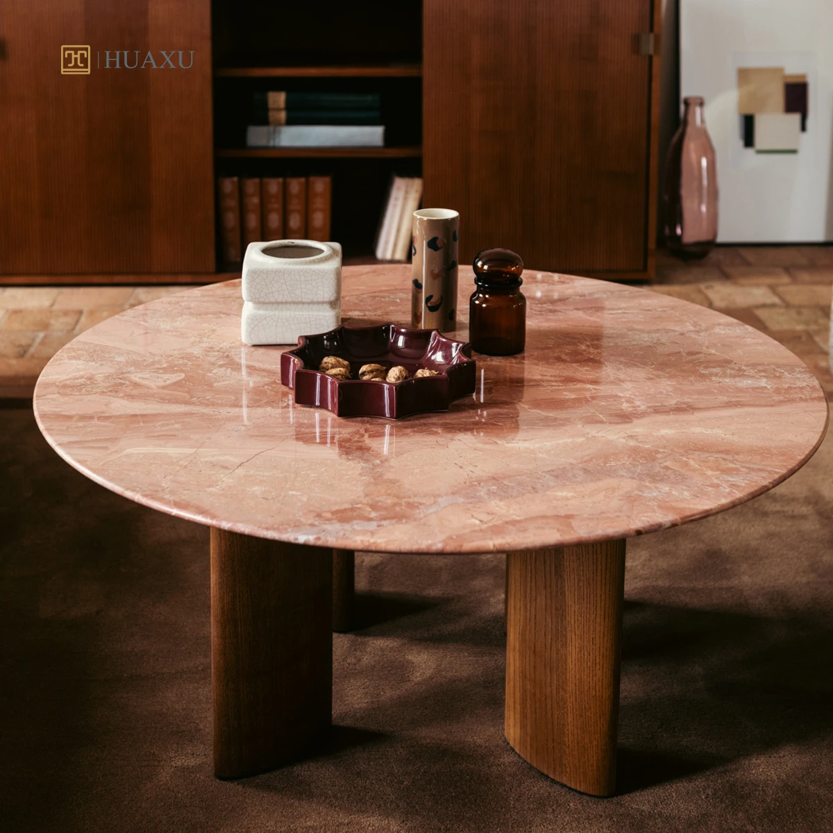 Huaxu Brazil Natural Pink Marble Luxury Living Room Decoration Breccia Rosa Bohemian Pink Marble Round Coffee Table