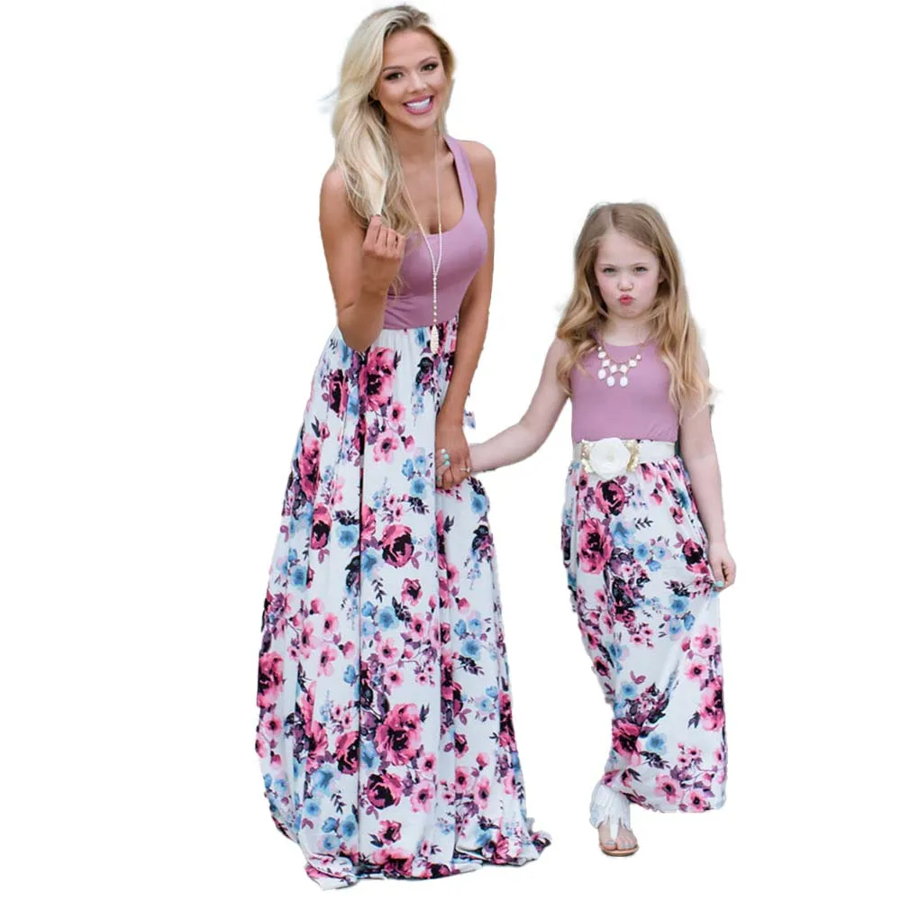 Fashion Sleeveless Floral Printed Mother Daughter Summer Outfits  Mommy And Me Dresses FAMY-001