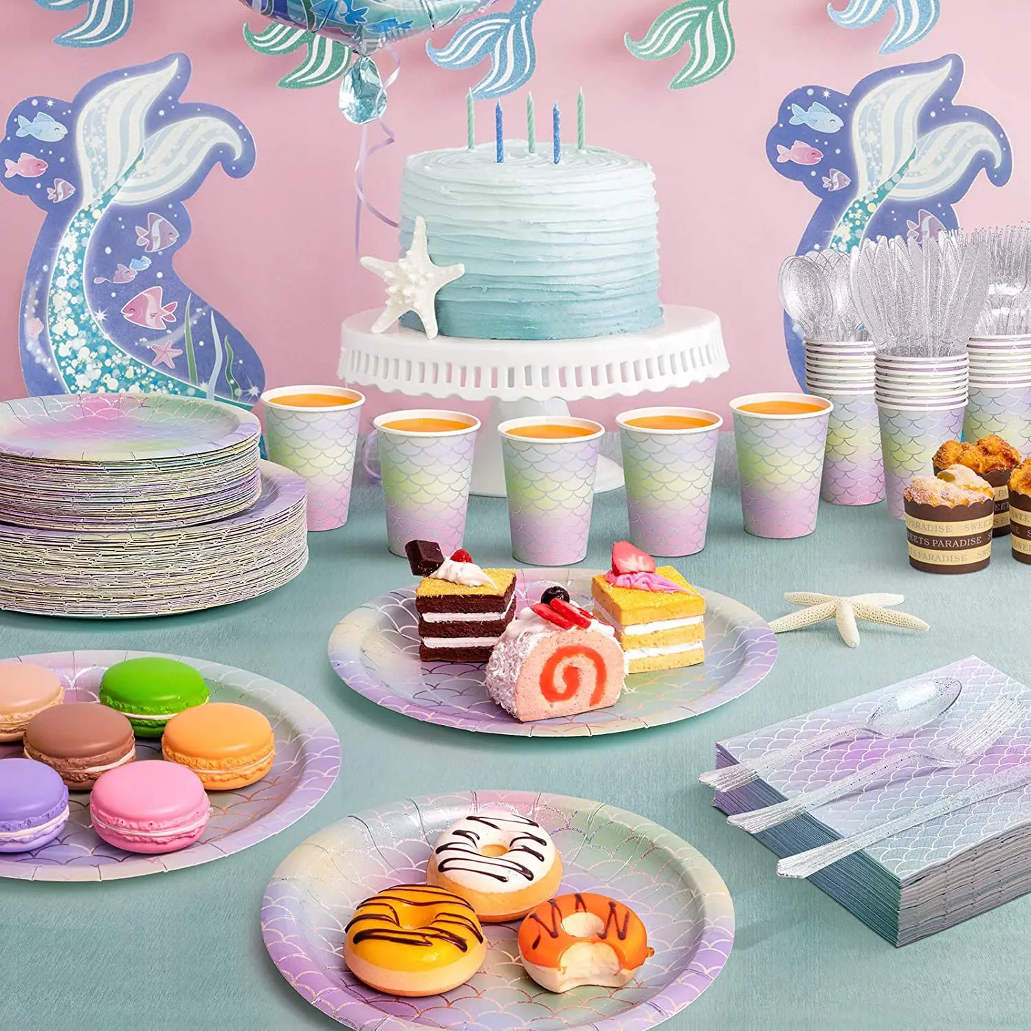 Pafu Mermaid Supplies for 10 People Ocean Party Disposable Dinnerware Girl Birthday Baby Shower All-in-One Party Supplies Set