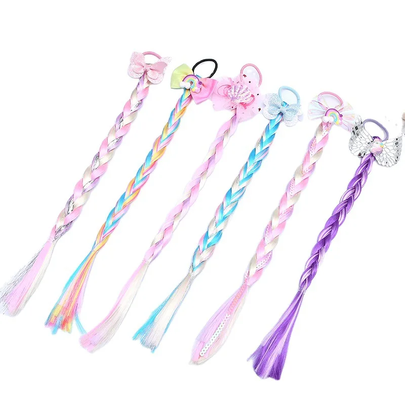 Korean new design child kids bow tie accessories rainbow color braided hand tied human hair wigs for girls