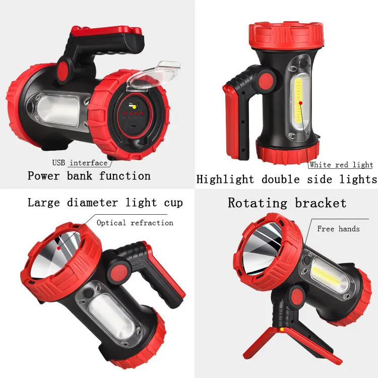 Outdoor Tent Emergency IPX67 Handheld Flashlight Spotlight Torch Camping Lantern Rechargeable Side Lights LED Searchlight