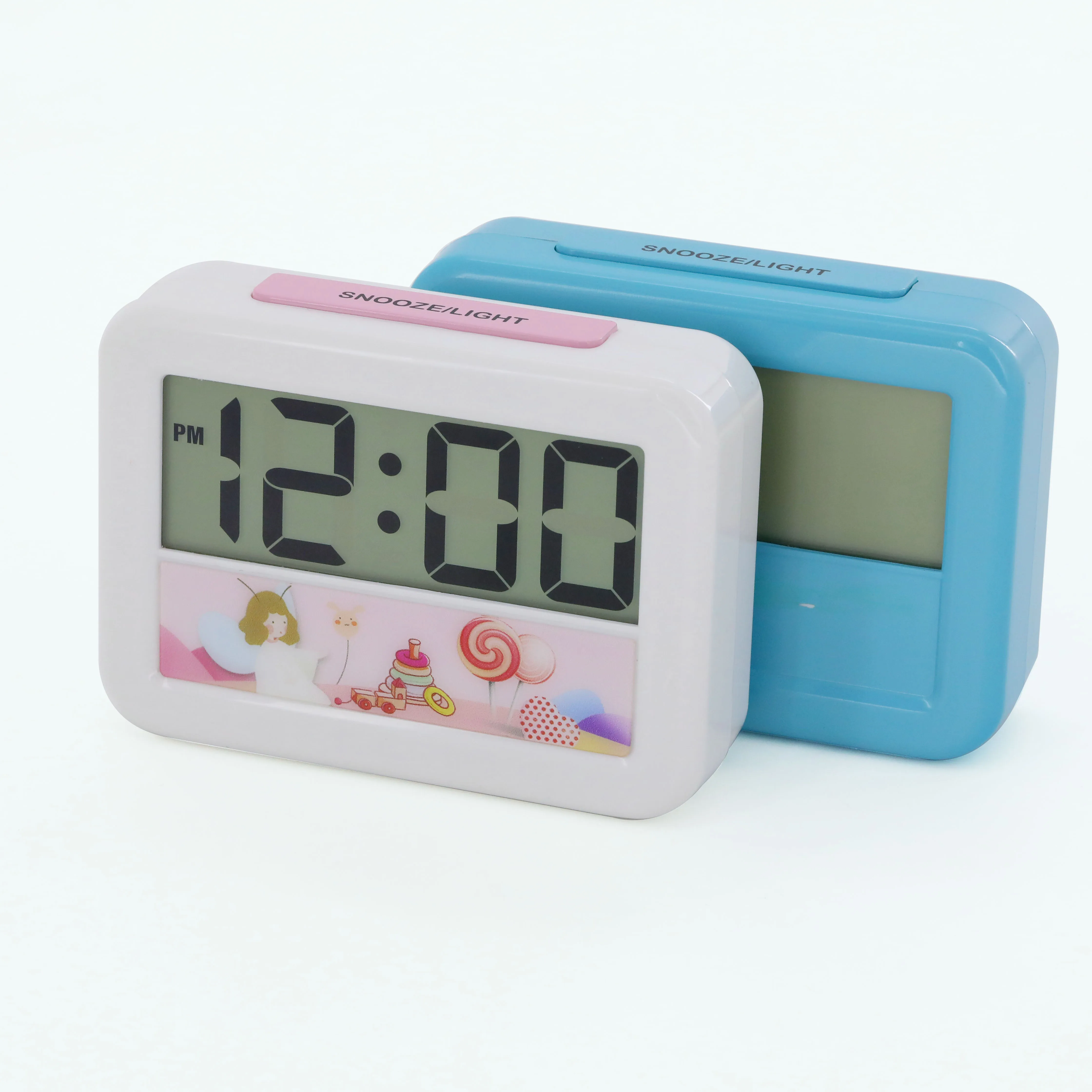 Customized  Cheap Plastic Fancy Table Alarm Clock Smart Digital Alarm LCD Clock With  Snooze Back Light For Kids Children