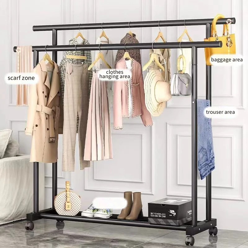 Multi-functional Metal Freestanding Clothes Rack for Clothing Display in Malls Movable Clothes Drying Rack.