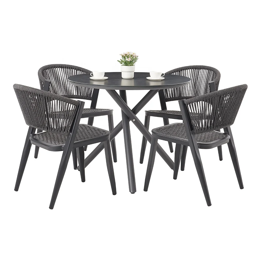 Modern Luxury Design Black Coffee Shop Sets High Quality Patio Aluminum Rope Chairs and Round HPL Table Restaurant Dining Set
