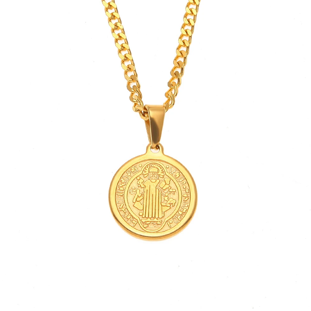 Religious Gifts Gold Toned Base Tone Saint Benedict 1Inch Medal Pendant Necklace With 3Mm Cuban Chain