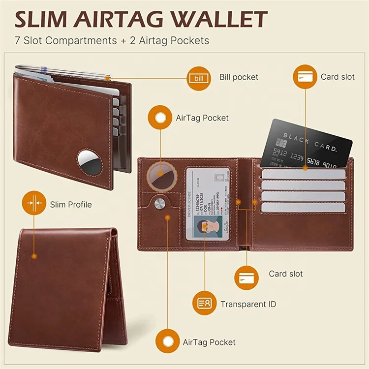 Genuine Leather AirTag Wallet RFID Blocking Pocket Slim Anti-lost Business Men Folding Purse ID Credit Card Holder