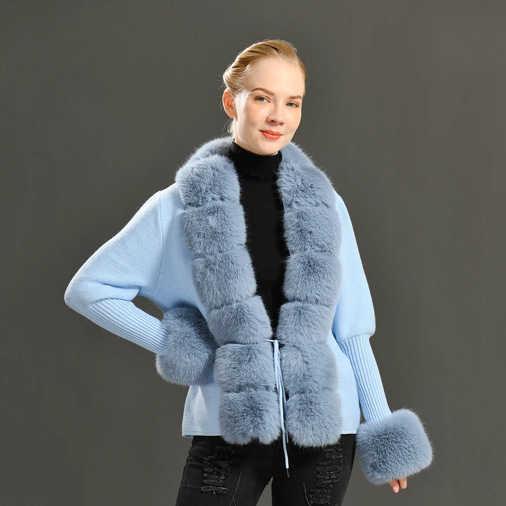 Lady Elegant Vintage Knit Cardigan Sweaters with Faux Fut Trim Wool Knit Cardigan Women Knit Cardigan