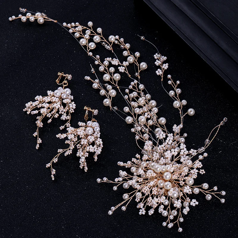 3 Pcs/set Fashion Women Long Crystal Pearl Hair Band Earrings Set Bride Wedding Dress Accessories Headwear Earring Pendent