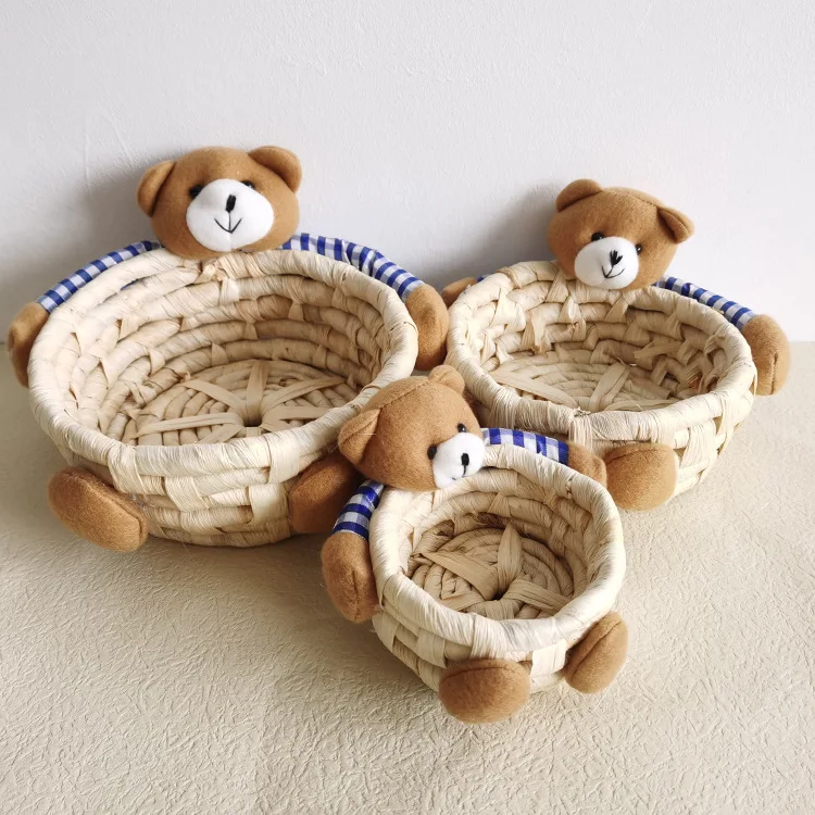 Cute straw corn husk bear storage basket accessories Storage candy sundry storage basket holiday decoration props