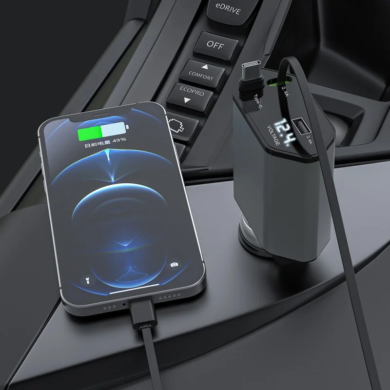 HY 2024 Fast Retractable Car Charger USB C Car Charger Fast Charge 120W 2 Retractable Cables and USB Port Car Charger Adapter