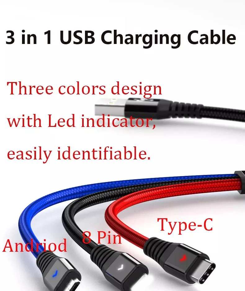 2022 mobile phone charger 2.4A fast charging cable for lighting Micro USB Type C 8pin 3 in 1 usb cable