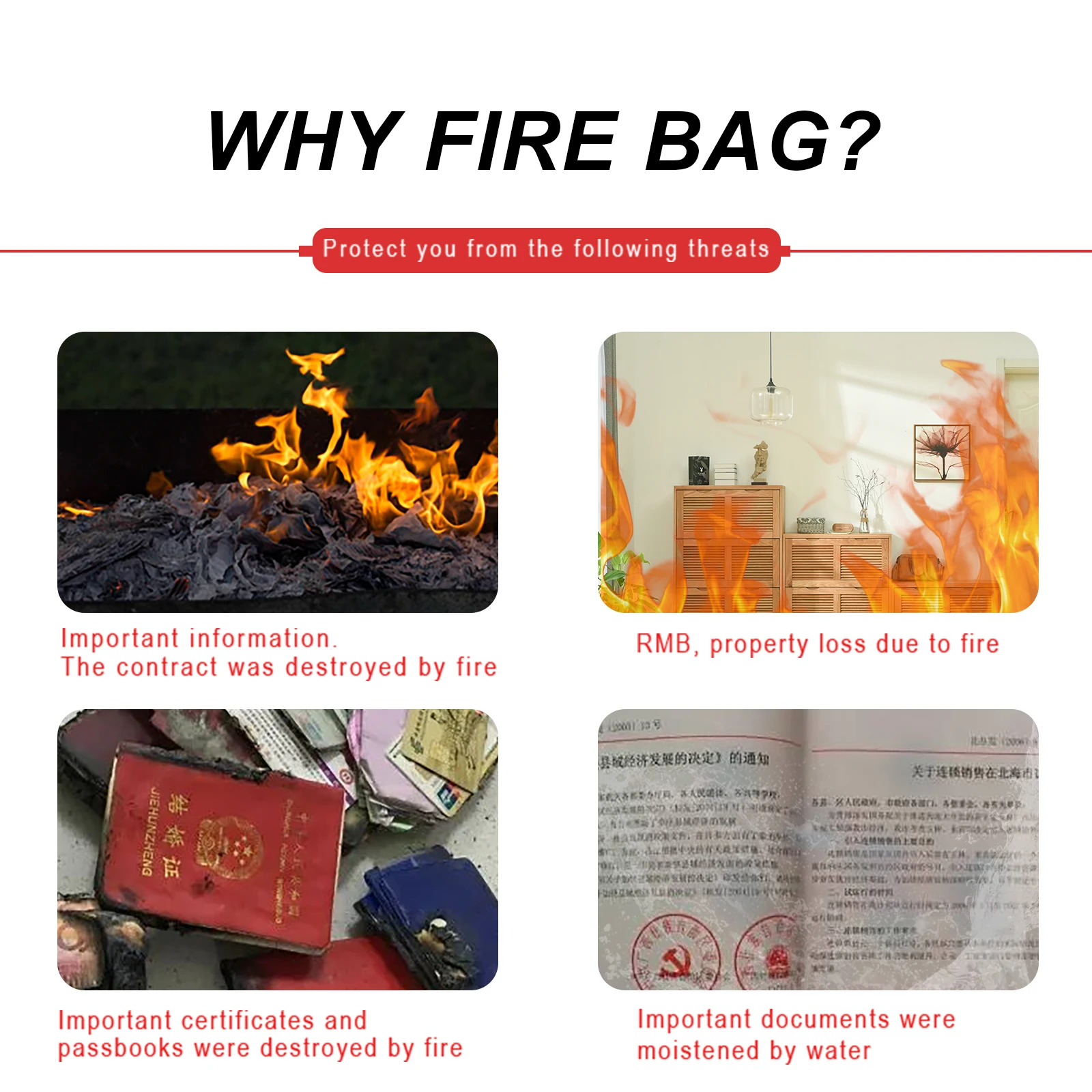 Fireproof Money Bag Waterproof and Fireproof Document Bag with Zipper Small Fireproof Safe Box Money Pouch  for Cash Passport