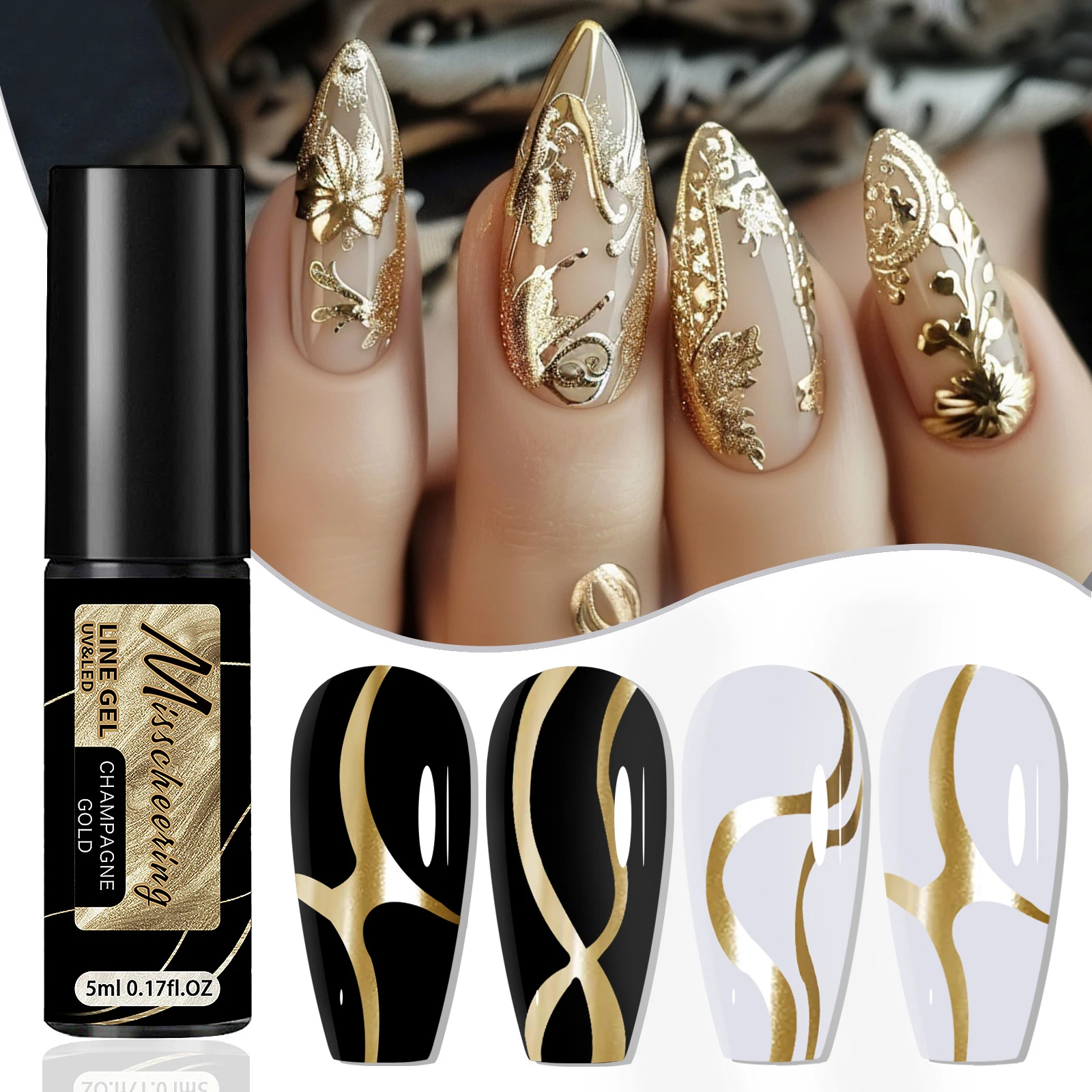 5ml Gold Silver Metallic Liner Gel Polish Super-Bright Mirror Gel Nail Polish UV/LED Painting Line Nail Art DIY