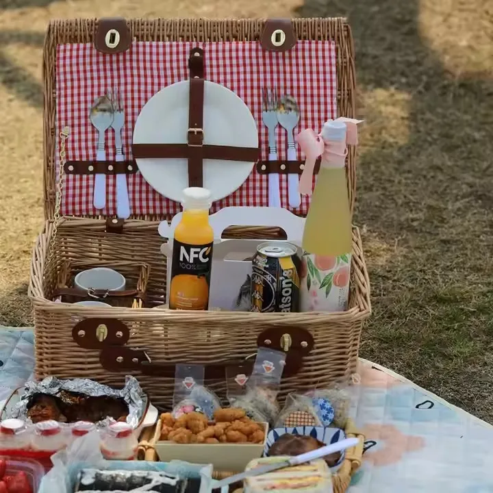 Hot Sale Handmade Nature Rattan Picnic Basket Camping Food Flower Basket For Family Outdoor Picnic Camping