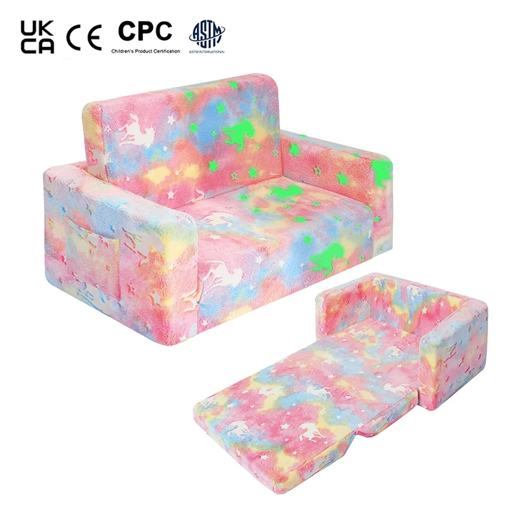 Custom New Type Toddler Fold Out Kids Sofa Chair Convertible Sofa  Pull Out Couch Pink Unicorn Glow in The Dark Sofa Chair