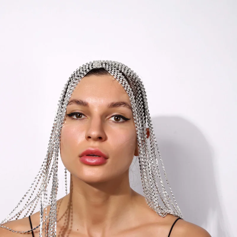  New Fashion Women Hair Chain Rhinestone Headband Super Long Tassel Crystal Cover Head
