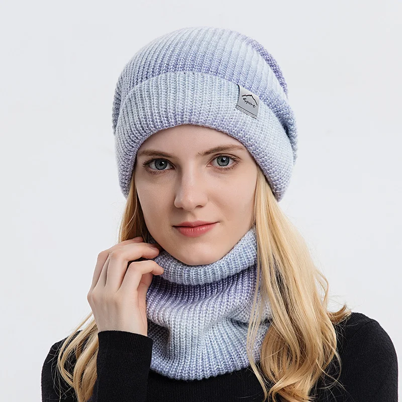 Spot outdoor warm pullover scarf hat set thick knitted adult gradient fashion ladies winter hats
