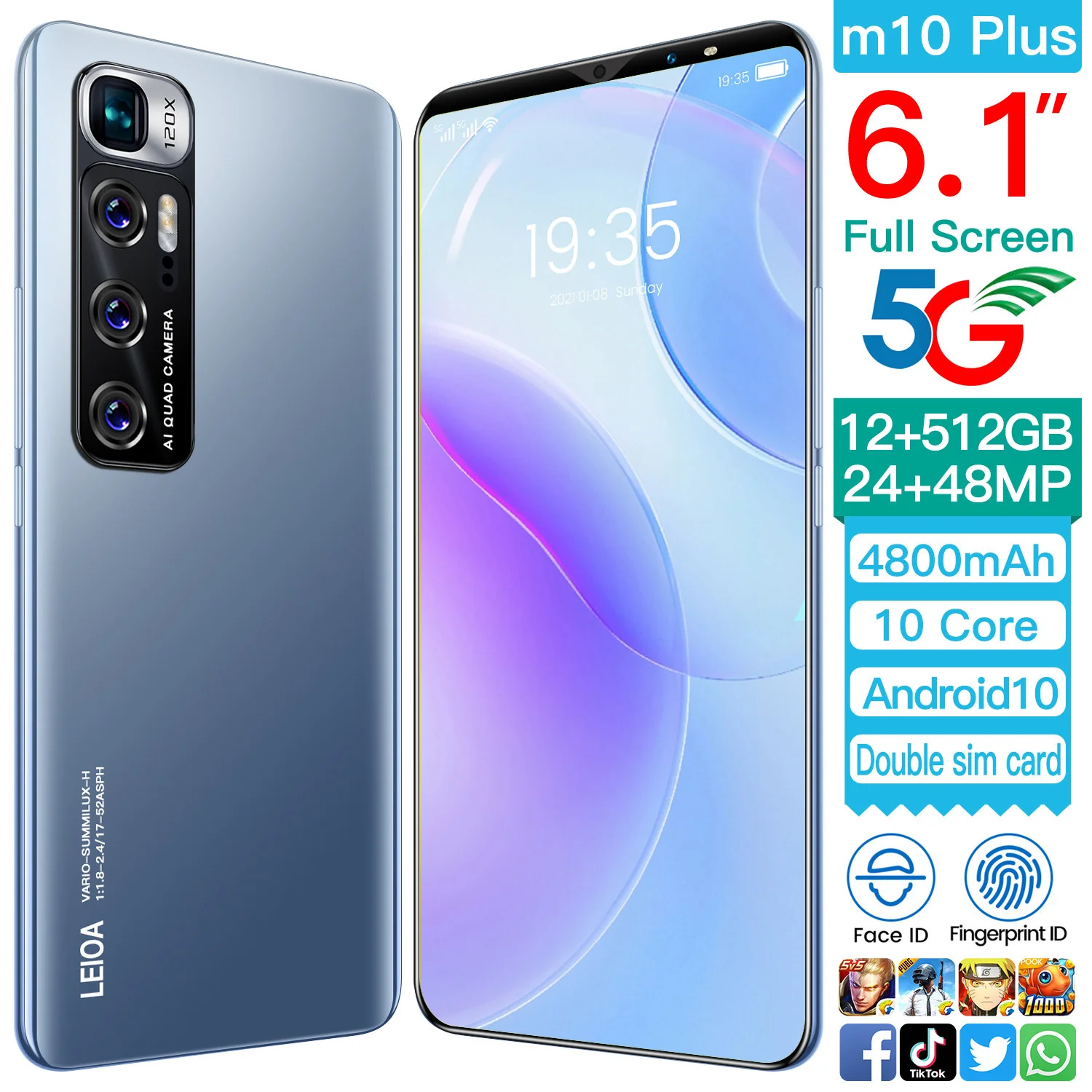 Wholesale M10 Plus 4K Screen Mobile Phones 12+512gb MTK6763 10 Core 24+48MP Smartphones OEM/ODM Cell Phone M10