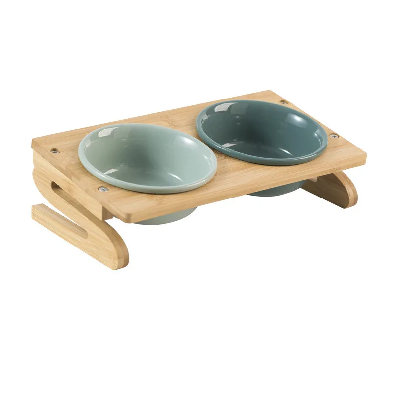 Factory direct custom logo wooden stand pet dog cat single dual food water elevated ceramic bowl