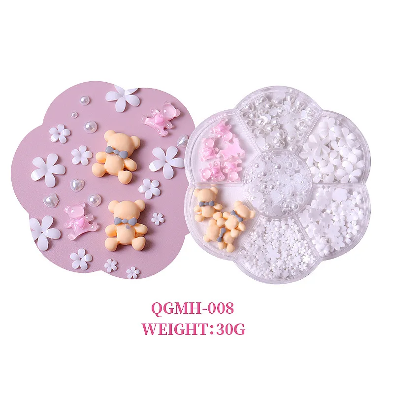 7 grids plum Resin Cream 3d nail jewelry bow flower cartoon steel ball bear heart set flat back complete Nail Art Charm kit