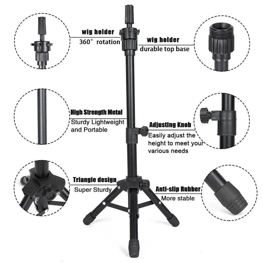 Durable Mini Wig Stand Tripod Adjustable Height Canvas Mannequin Training Head Stand Holder Table Tripod for Wigs Making Display