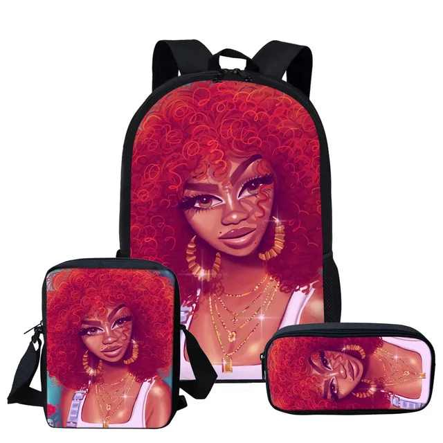 Black Art African American Girl Afro Girls Backpack 16 Inch Bookbag Pencil Case For Students Kids School Bags Set