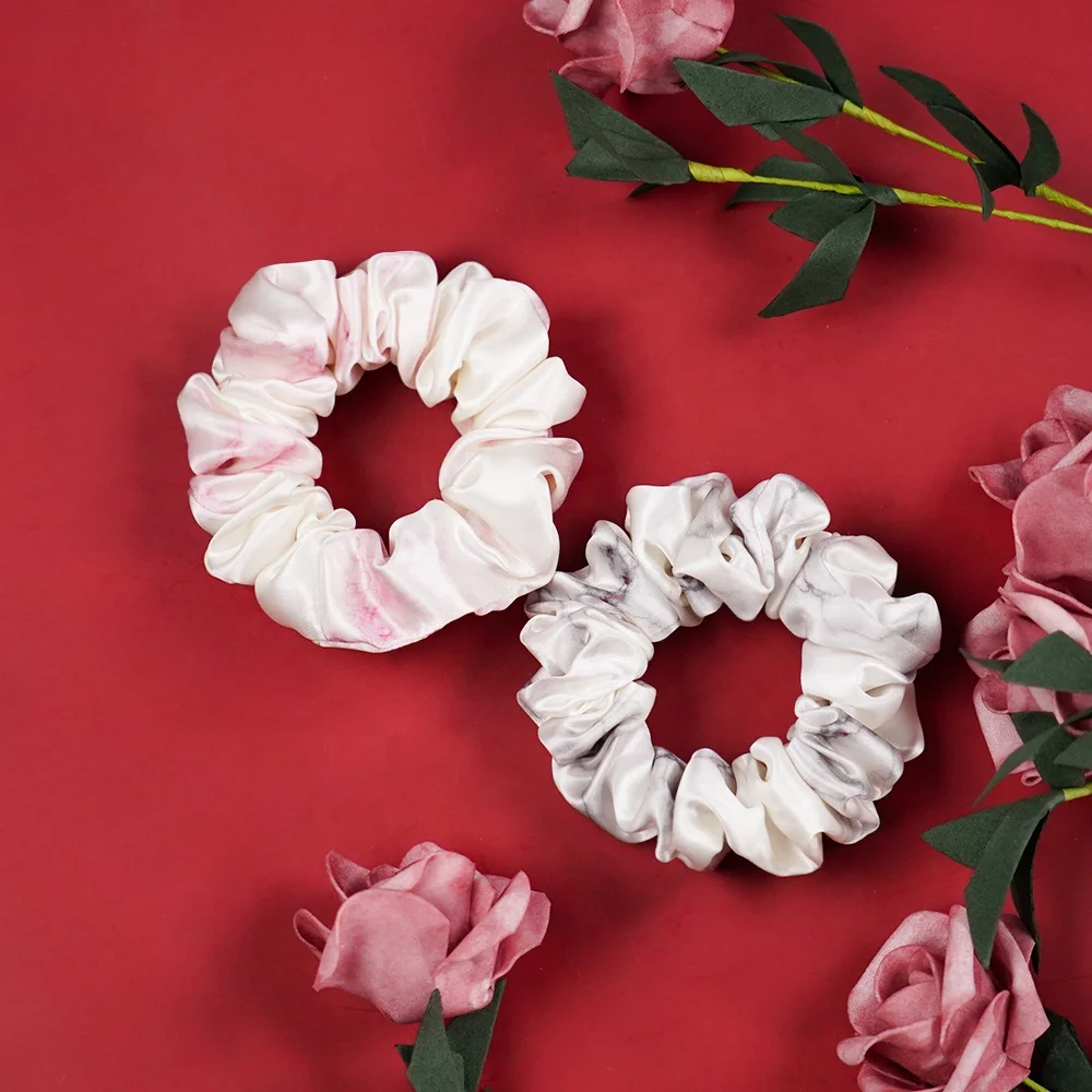 Hot Sale 16/19/22/25/30 mm Custom Marble vein 100% Pure Silk Scrunchie Hair Bands 3.5 cm Large Real Organic Silk Scrunchies set