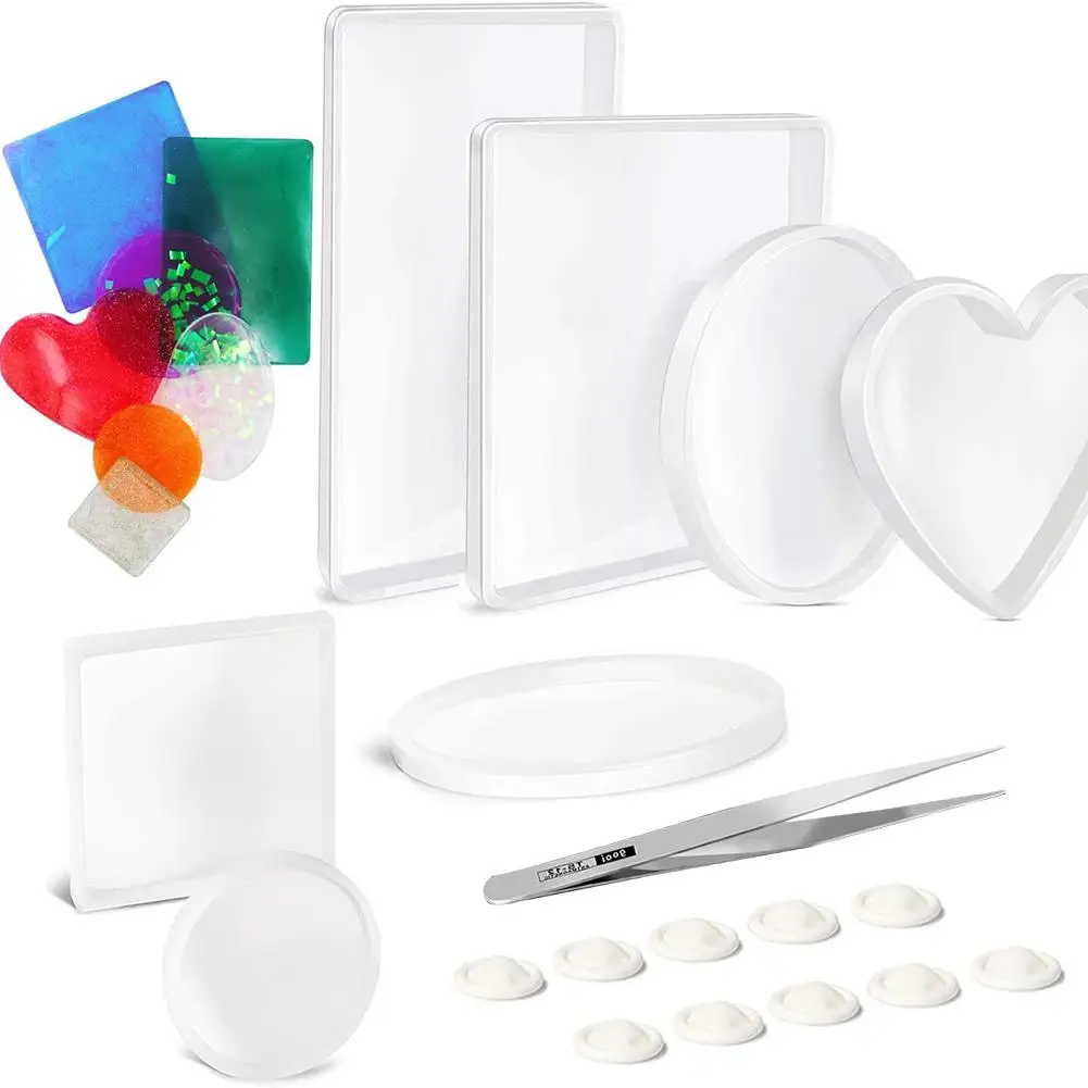 
7Pcs Silicone Resin Molds DIY Resin Casting Molds Kit Round Rectangular Heart Shaped Coaster Resin Molds With Tweezers DIY Craft 