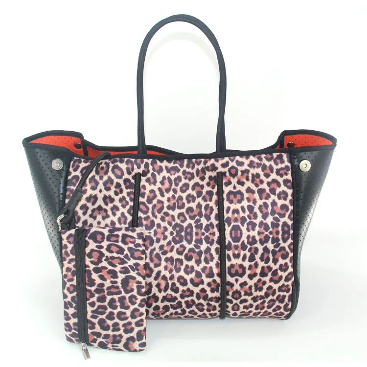 2021 Best selling wholesale leopard printing neoprene tote bag custom made waterproof perforated neoprene beach bag