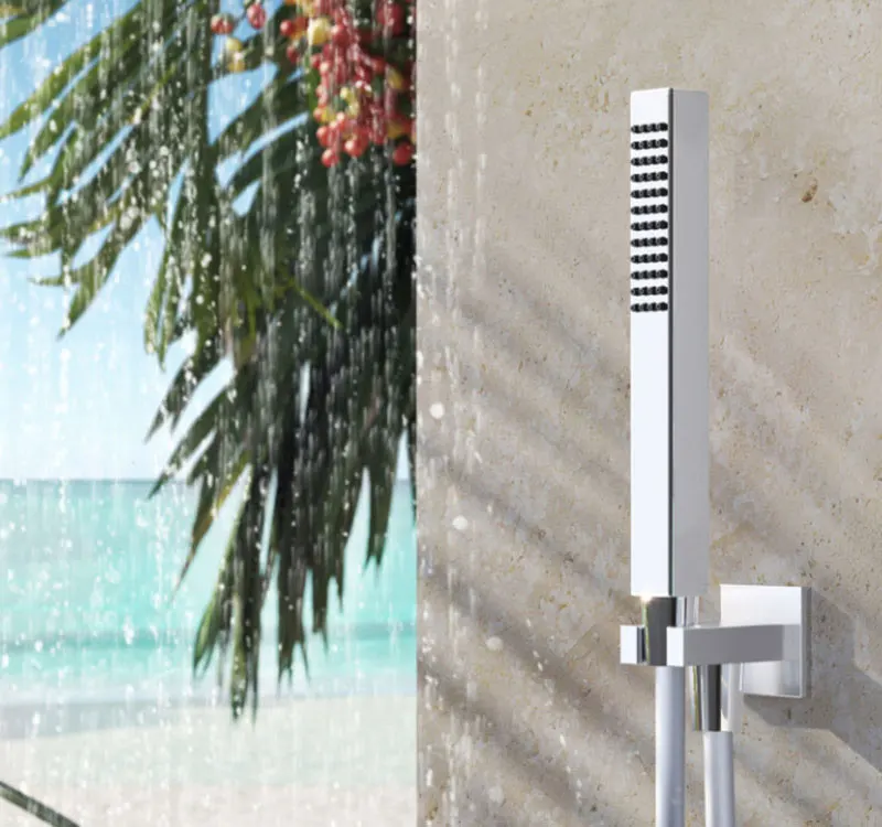 Modern Square Tube Bathroom Brass Shower Mono Function Chrome Shower Set With Brass Bracket And Silver Bright Pvc Hose