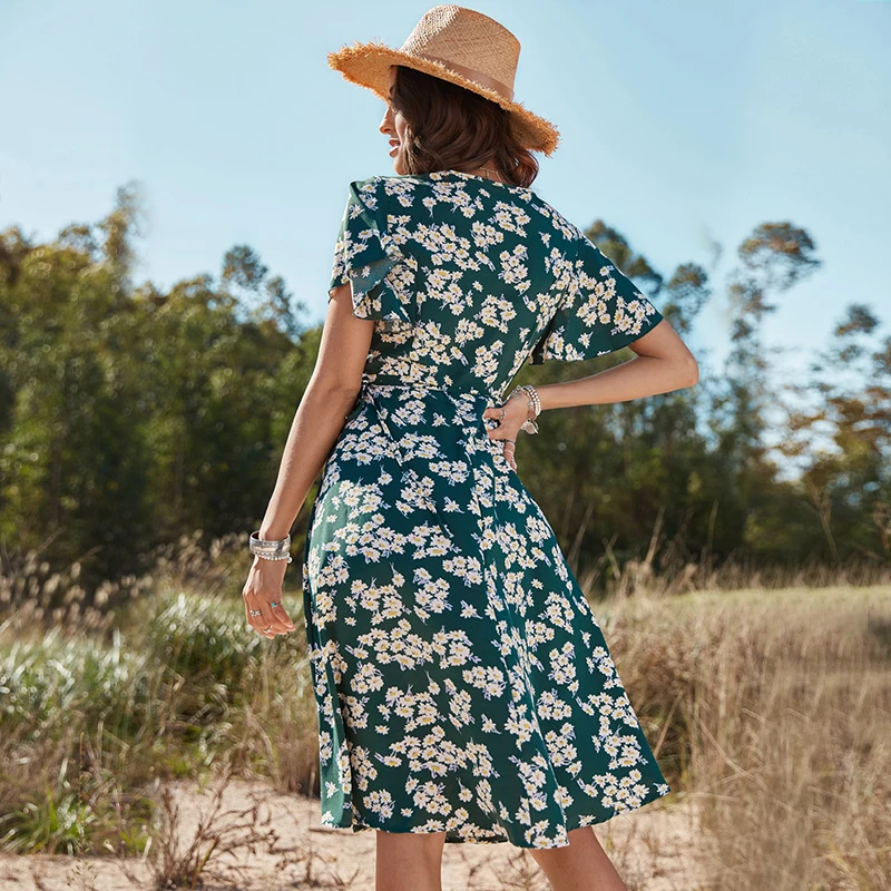 Casual Long Dresses Women Dark Green Elegant V Neck Short Sleeves Midi Skirt Floral Print Chiffon Polyester Lady Dress