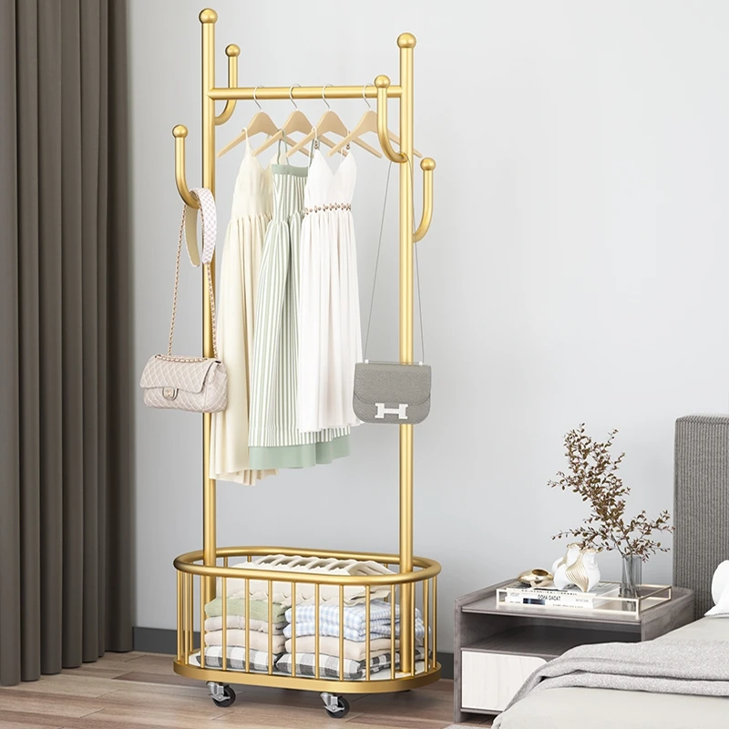 New Listing Light luxury floor drying clothes rack with storage basket bedroom balcony clothes hat rack removable hangers