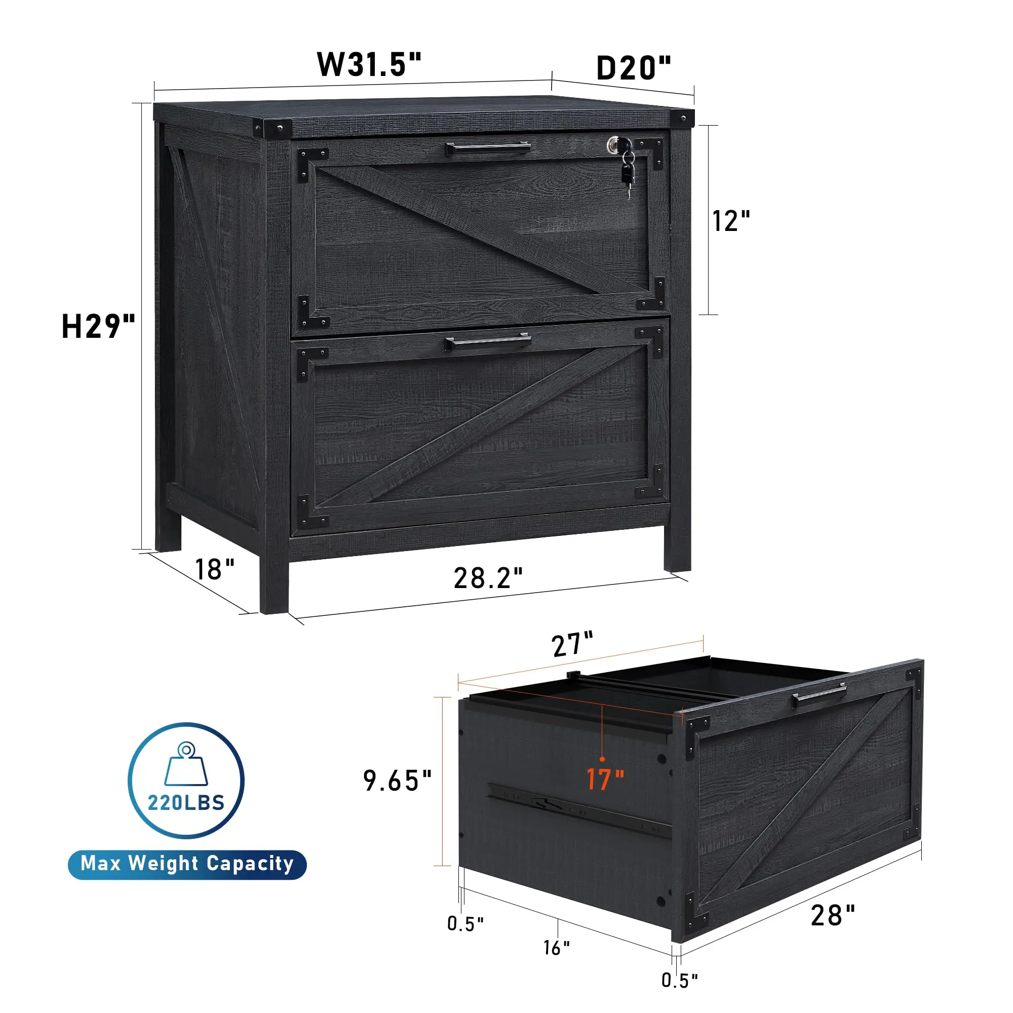 Black Compatible Legal Letter A4 F4 Size 2 Drawer Farmhouse File Cabinet Lateral Filing Cabinet with Lock for Home Office