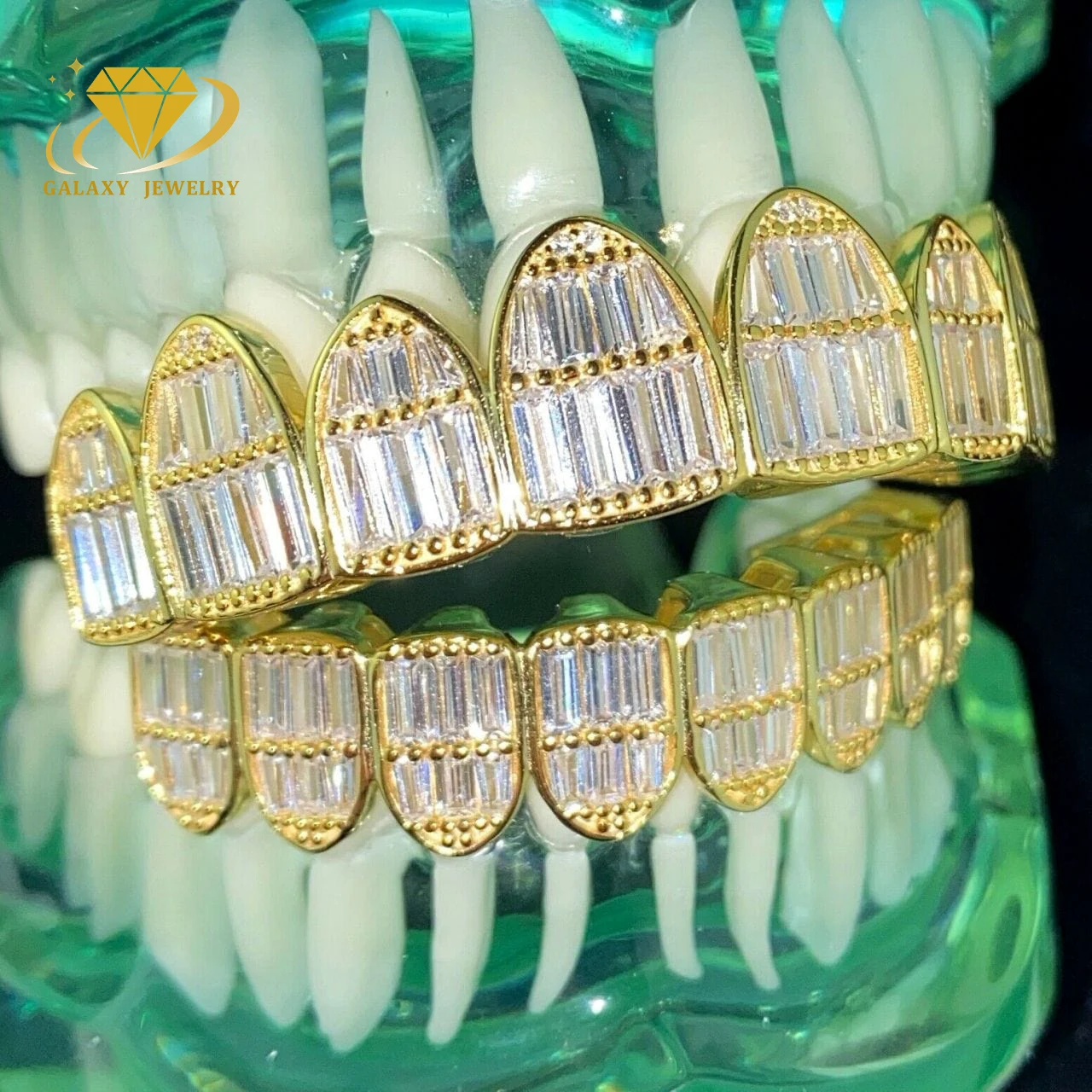 Custom Iced Out Grillz Baguette Cut Vvs Moissanite Pass Diamond Tester Sterling Sliver Mossanite Jewelry Grillz For Teeth