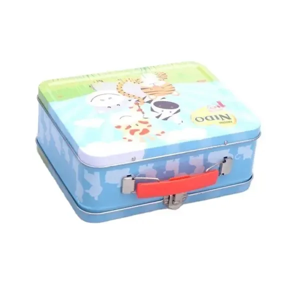 Custom logo promotional festival gift tin handle lunch tin box bag shape metal suitcase