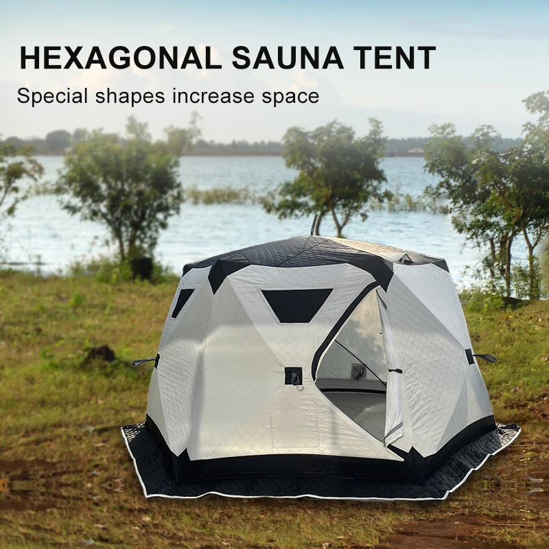 Outdoor Hexagon mobile sauna tent  Pop Up custom hub prism tent insulated ice fishing winter camping sauna tent manufacturer