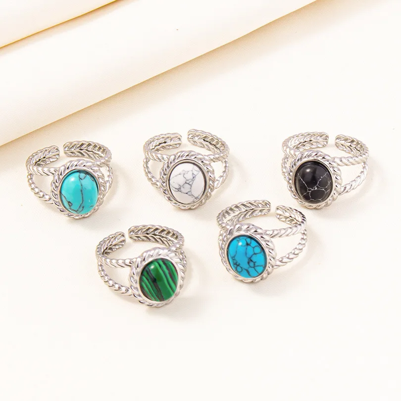 304 stainless steel ring titanium steel ring geometric shape female and male simple fashion design adjustable turquoise ring