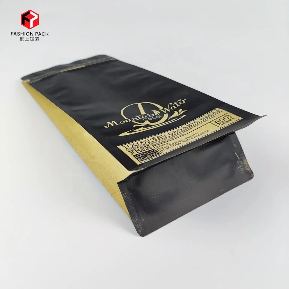 Custom Printed 12oz Matte Black Zip Lock Bag Flat Bottom Kraft Paper Coffee Packaging