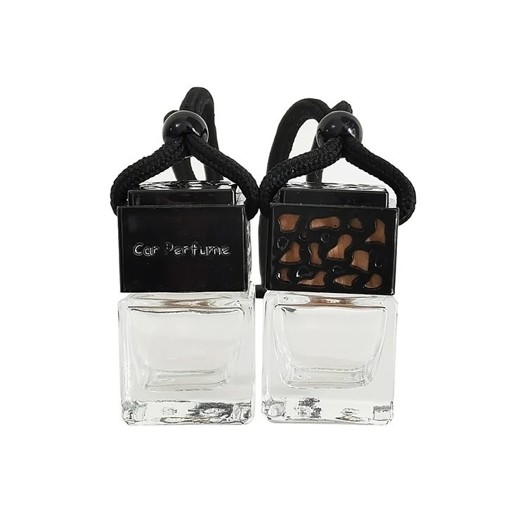 Hot Sale 8ml Mini Square Car Hanging Diffuser Fragrance Perfume Oil Empty Glass Bottles with Black Gold Sliver Cap