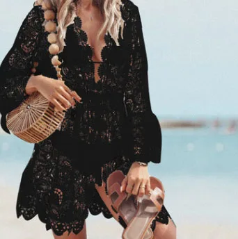 W2085 Women Lace Crochet Beach Dress Summer Deep V Neck Bikini Cover Up Sexy Hollow Out Beachwear Flare Sleeve Vestido