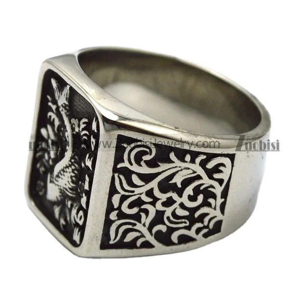 925k Sterling Silver Vintage Jewelry Silver Flower Patterns Carp Blacken Square Signet Ring Stainless Steel Silver Gold Plated