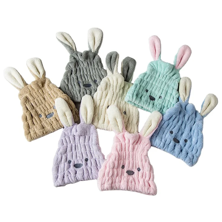 Cute Cartoon Rabbit Ear Embroidery Coral Fleece Absorption Thickened Hair Dryer Princess Wraps Head Towel