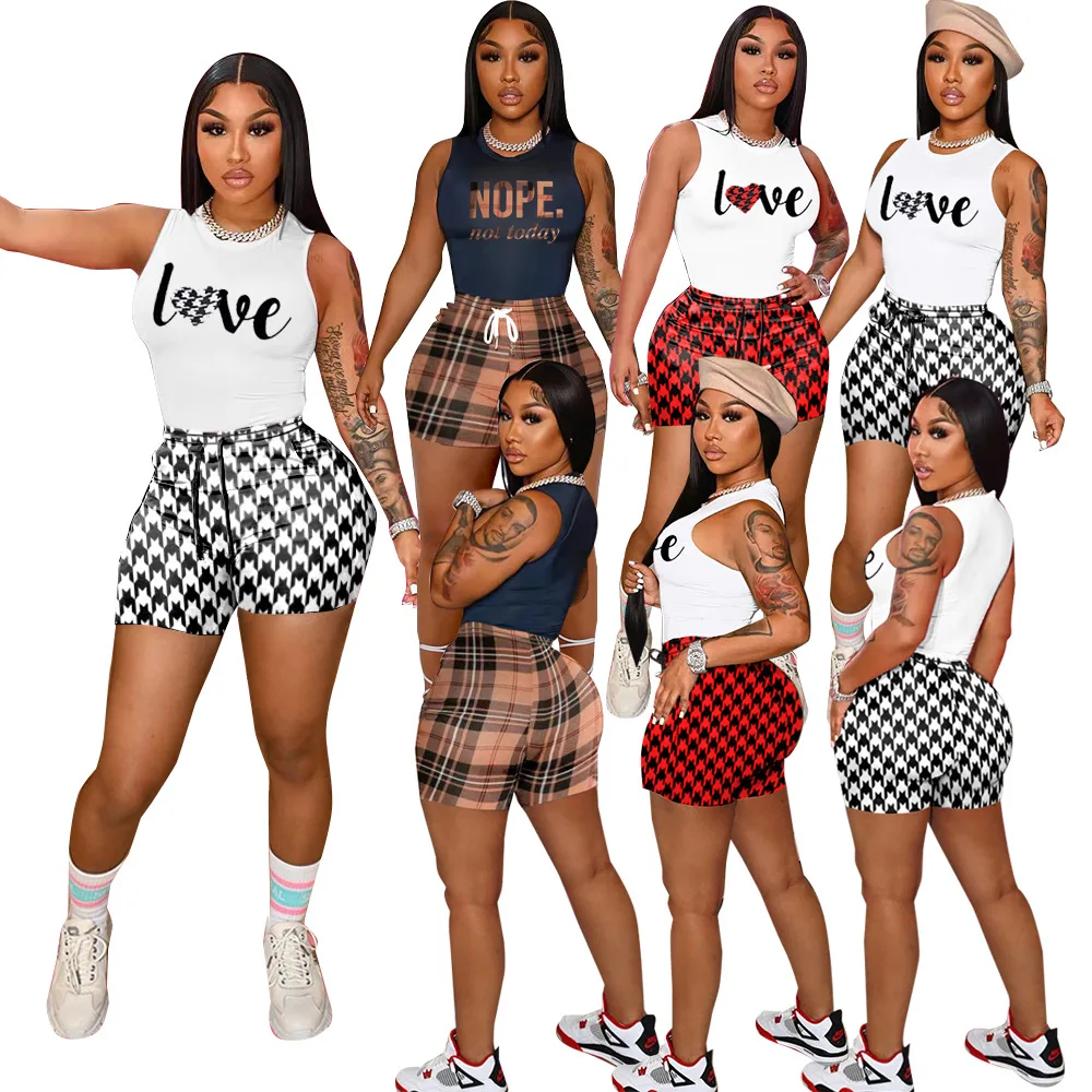 Over Size Women Tank Top and Pants 3d Print Customized Logo Women Two Piece Set Sweat Track Suit Outfit Biker Jogger Shorts