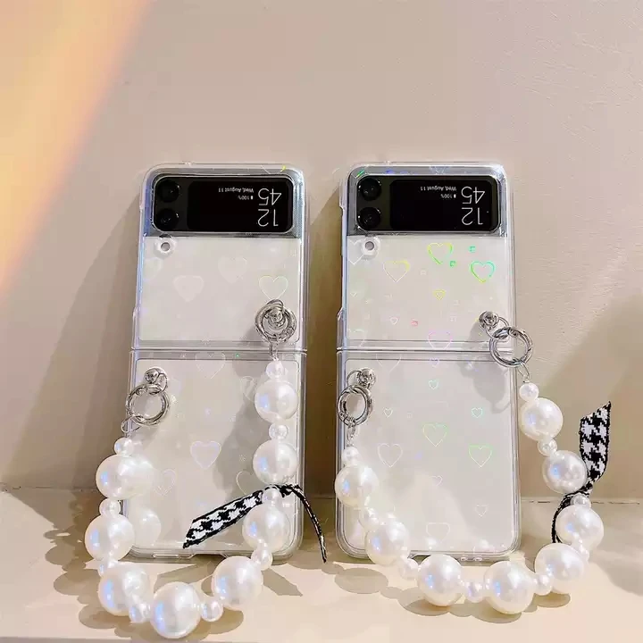 Fashion Gradient Laser Love Heart Pearl Bracelet Phone Case For Samsung Z Flip 4 Shockproof Cover For Galaxy Z Flip 3 4