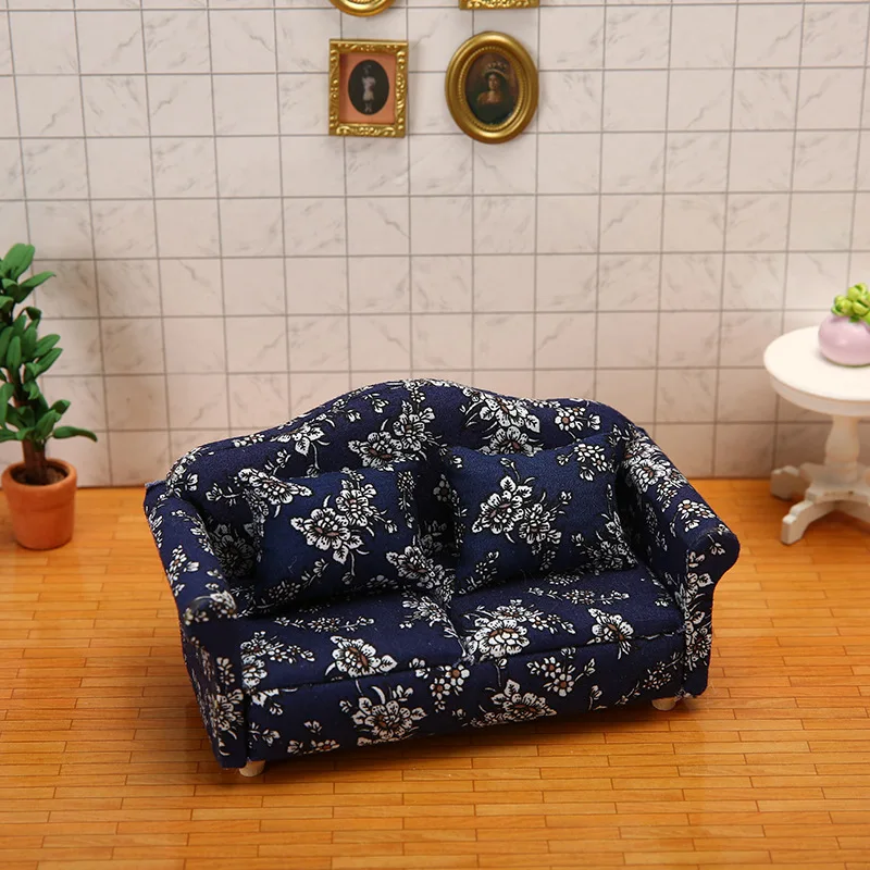 1/12 Miniatures Doll House Furnishings 3Pcs Sofa Kit with Pillow Miniature Toys Couch Chairs for Living Room